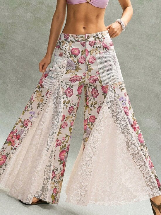 Pants - Khaki Boho Women's Casual Ditsy Floral Lace Loose Wide-Leg Low-Waist Pants